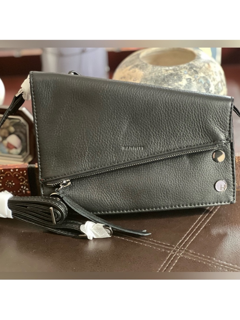 Hammitt Black Leather Crossbody Clutch with Diagonal Zip and Tassel